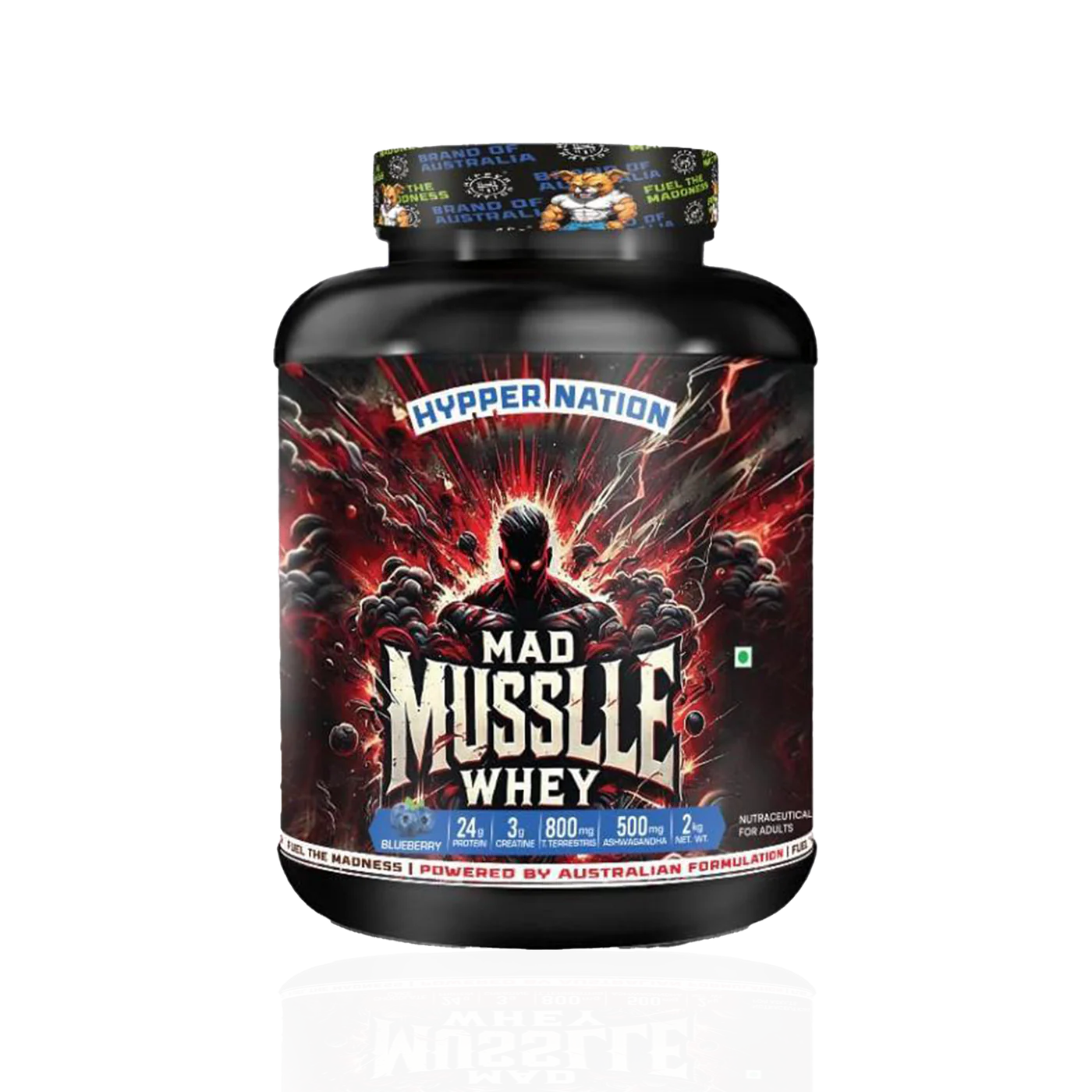 HYPPER NATION MAD MUSCLE WHEY 2KG | 24 GM PROTEIN | 53 SERVING| 3G CREATINE